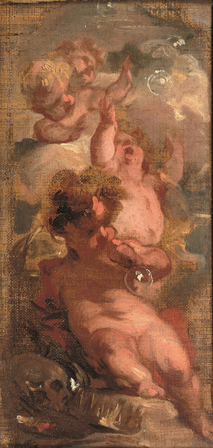 An Allegory of Vanitas: Four putti blowing bubbles, a skull, an artist's palette and a crown nearby (oil on canvas laid down on panel)