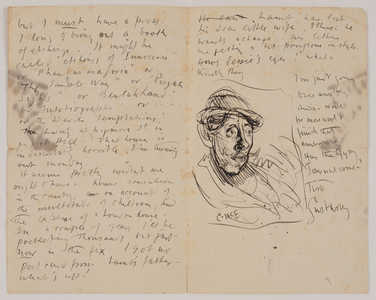 A letter from Augustus John discussing domestic affairs, printmaking and plans for a volume of etchings. Includes two sketches of Charles McEvoy connected with an etching of the same subject, 1907 - 1908 (pen and ink)