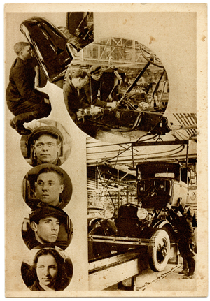 Russian Photomontage Postcard Showing the Main Conveyor Belt at the Communist Youth International (KIM) Car Parts Factory in Moscow, c.1930