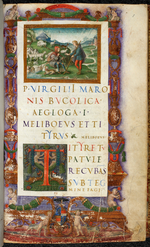 VIRGIL's Bucolica. A book of poems with illustrations of a shepherd and his flock.