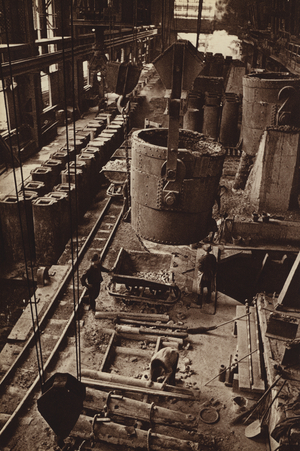 German industry, 1930s: Siemens-Martin Furnaces in a Silesian Steel works (b/w photo)