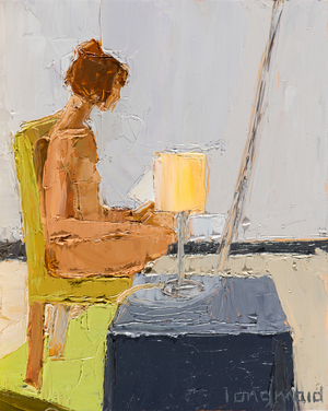 READING BY LAMPLIGHT, 2018 (OIL ON WOOD PANEL)