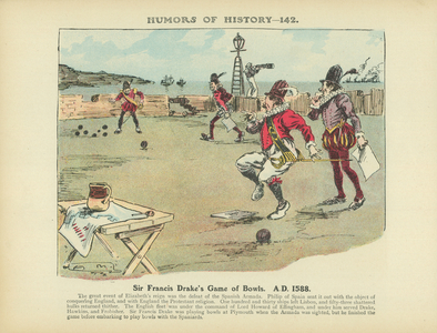 Sir Francis Drake's Game of Bowls. A.D. 1588 (colour litho)