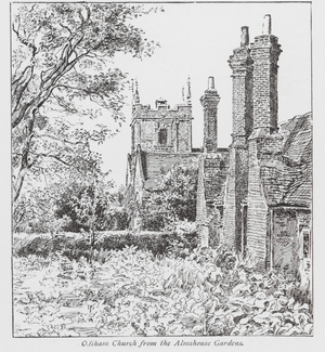 Odiham Church from the Almshouse Gardens (litho)