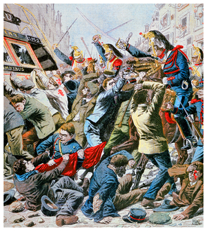 Cavalry charge protesters during riots in Paris on May Day, 1906