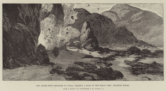 The North-West Frontier of India, making a Road in the Bolan Pass, Blasting Rocks (engraving)