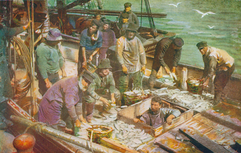 The Arrival of a North Sea Fishing Boat, Landing the Catch (colour litho)
