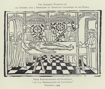 The Earliest Woodcut of an Autopsy and a Professor of Medicine Lecturing to his Pupils, from Bartholomaeus de Glanvilla, "De Las Propriedades de Las Cosas," Toulouse, 1494 (litho)