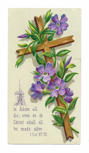 A Victorian religious card of a wooden cross entwined with violets, c.1880 (colour litho)