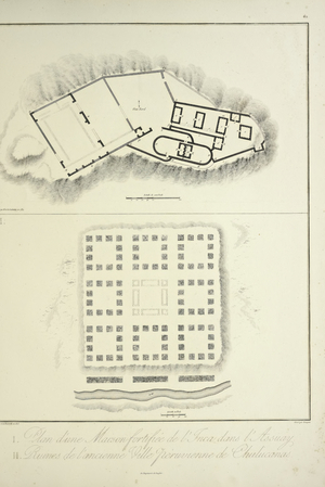 Plan of a Fortified Inca Dwelling at Assuay; and Ruins of the Ancient Peruvian City of Chulucanas, engraved by Bouquet, illustration from 'Vues des Cordillères et Monumens des Peuples Indigènes de l'Amérique' by Alexander von Humboldt and Aime Bonpland, 1813 (engraving)