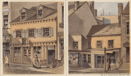 Old Tavern in Broadway, and Old Shanty (News Depot), 177 Bowery, 1861 (colour litho)