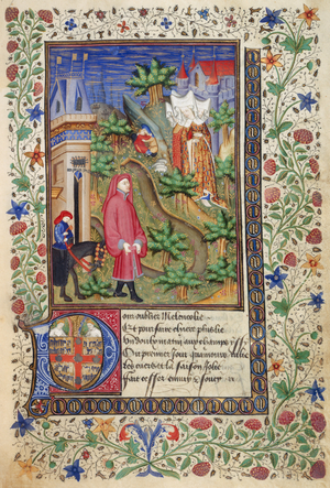 Opening page of 'Le Livre des Quatre Dames'. A gentleman in a landscape, followed by another mounted on a horse, with three ladies. Text beginning with initial 'P', the arms of Montmorency. Borders with floral decoration