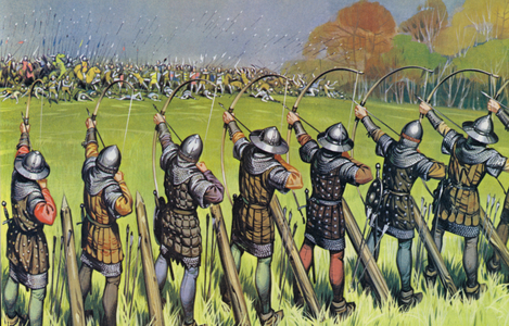 English archers at The Battle Of Agincourt (colour litho)
