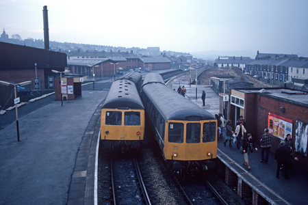 Diesel Multiple Unit in Accrington station on the British Rail Preston to Colne railway line, Lancashire, Great Britain, 1982 (photograph)