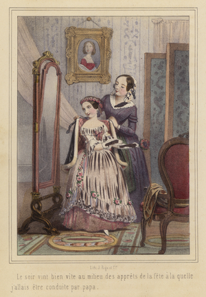 A girl getting ready to go to a party (colour litho)