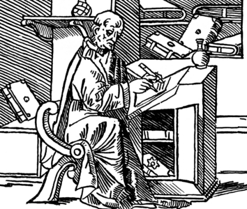 Monk in medieval scriptorium (b/w photo)