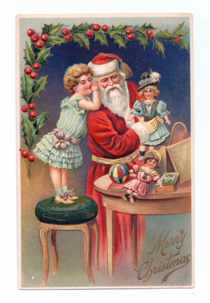 Edwardian Christmas postcard of a little girl whispering to Father Christmas, c.1910 (colour litho)