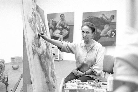 Paula Rego in her studio in 2002 (b/w photo)