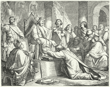 Henry the Lion, Duke of Saxony, submitting to Frederick Barbarossa at Erfurt, 1181 (engraving)