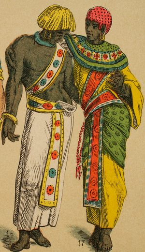 Ancient Egypt, From left to right; 16: belt-like sash narrow and long with with embroidery in various colours, 17: nobleman's cap (colour litho)