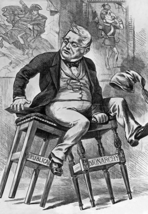 Caricature of Adolphe Thiers (1797-1877) French president in 1871-1873 between 2 stools : republic and monarchy, engraving