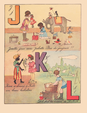 Josette is playing with Juliette. What a lot of toys! Kiva gave Kate beautiful kakatoes. Lili does Louloute's laundry., around 1920 (print)
