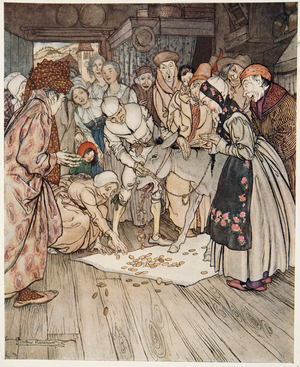 The Wishing Table, the God Asss and the Cudgel in the Knapsack, from Little Brother & Little Sister and Other Tales by the Brothers Grimm, pub.1917 (colour litho)
