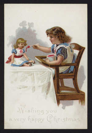Little girl playing at feeding her doll, Christmas greetings card, late 19th or early 20th Century (chromolitho)