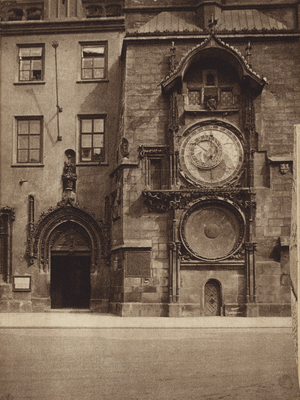 Clock of the Old Town Hall, Prague, Czechoslovakia, late 1940s (b/w photo)