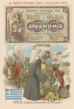 Procuring supplies for a monastery, Greece (chromolitho)