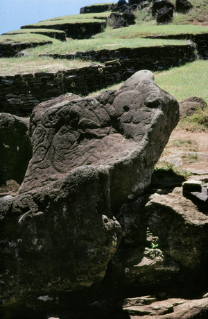 Stonehouses with roof vaults in Orongo, Easter Island, Chile (photo)