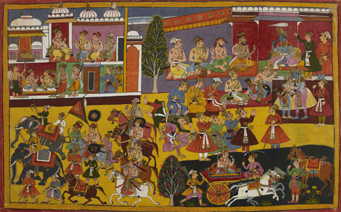 Rāma embraces Bharata, and his subjects ask to accompany him, 1653 (miniature)