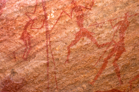 Rock painting depicting warriors armed with spears, Tassili n’Ajjer, Tadart Rouge - Period of the horse, Tassili n'Ajjer, Algeria, 2000 (photo)