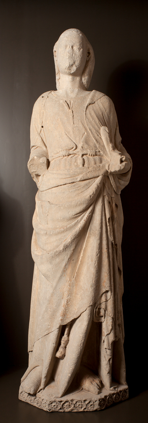 Museum Museu Comarcal de l'Urgell. Ensemble of five statues of apostles. Origin of the portal of the former church Santa Maria de Tàrrega portal. Detail. An apostle. 1319. Museum ref MCUT 2808,.