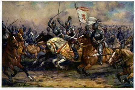History. France. Hundred Years' War. The king John of Bohemia (John the Blind) at the Battle of Crecy, Aug., 26, 1346. Illustration, Czechoslovakia, c.1910. Coll. Part.