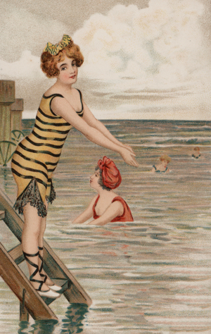 Girl about to plunge into the sea (colour litho)