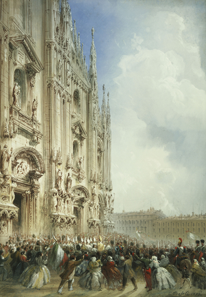 The War in Italy: The Arrival of the Emperor Napoleon III and the King of Sardinia at the Duomo, Milan, 1859 (watercolour and gouache)