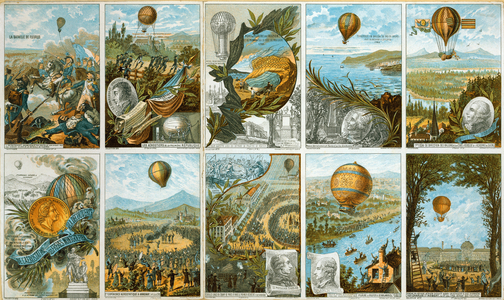 Set of French collecting cards on ballooning to mark the centenary of the Montgolfier Brothers' first flight in 1783, with scenes of early French balloon flights. Chromolithograph Aviation Aeronautics Flying