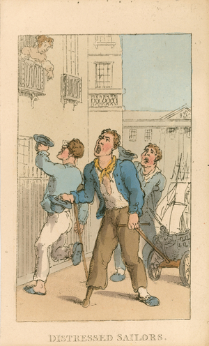 Distressed sailors (coloured engraving)