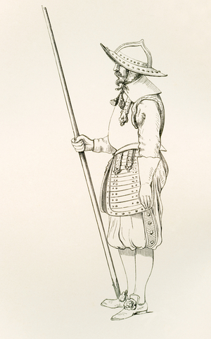 A pike man of the Cromwellian period.  From The British Army: Its Origins, Progress and Equipment, published 1868.