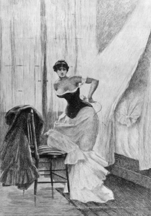 Woman lacing up her corset, illustration for novel by Gustave Flaubert "Madame Bovary", engraving by Mordant after Fourie, 1885