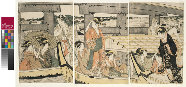 On top and beneath Ryogoku Bridge, c.1795-96  (colour woodblock print)