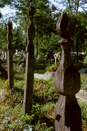 Wooden funeral steles in an ancient protestant cemetery in the Puszta, Hungary (photo)