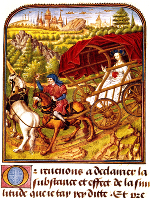 The beloved with heart ahainst her chest, illumination by Jean Colombe from manuscript Livre du Cuer et de Mortifiement de vaine plaisance by king Rene d'Anjou, 1470