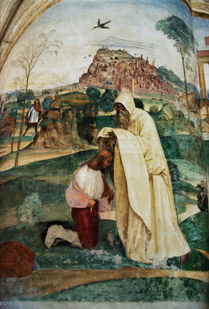 The monk Romanus hands Benedict the hermit's robe, Vita of Saint Benedict da Nurcia, 1497-1508 (fresco)