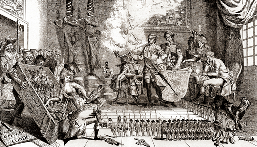 L'armee des emigres. The Prince de Conde reviews the cardboard army sent to him, 1791-1793 (illustration)