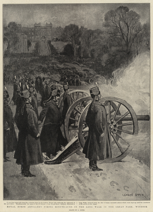 Royal Horse Artillery firing Minute-Guns in the Long Walk in the Great Park, Windsor (litho)