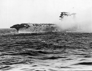 USS Lexington Abandon Ship (b/w photo)