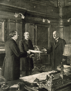 Thomas Woodrow Wilson (1856-1924) meets with the representatives of the Allied forces (engraving)