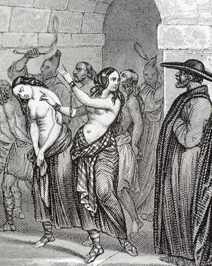 Middle Ages. Women accused of witchcraft leading to prison (engraving)